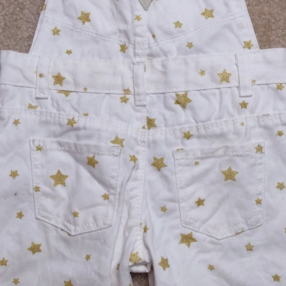 OshKosh B'Gosh Gold Sparkle Stars White Bib Overalls Girls Size 9 Months 9M